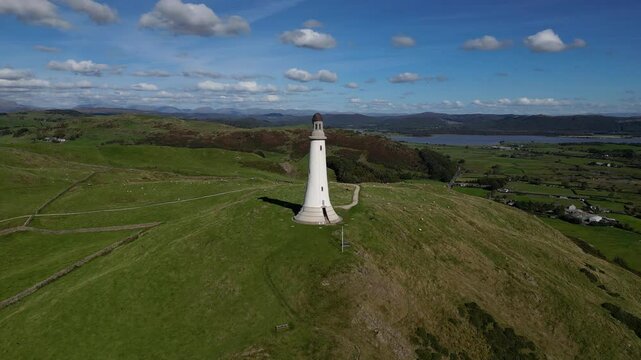 4K: Aerial Drone Video of Sir John Barrow Monument on Hoad Hill, Ulverston in Cumbria, England, UK. Apporach shot. Stock Video Clip Footage