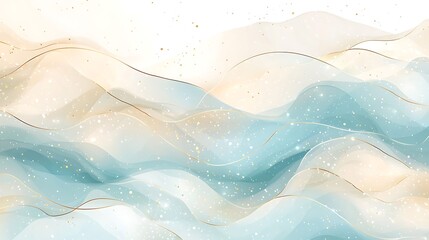 Obraz premium Abstract blue and gold watercolor swirls with wavy lines and glitter, blending cool tones with shimmer.
