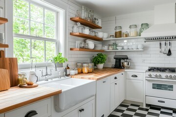 White kitchen with wood countertops and open shelving.