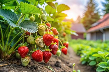 Ecologically grown strawberry bush in country house setting