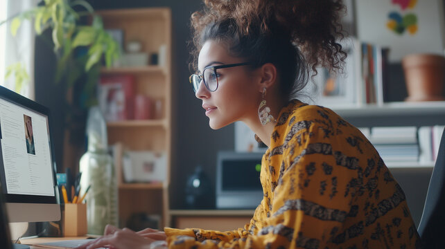Young mixed-race woman working remotely, talking to colleagues during a video team meeting. Digital nomad freelancing from home, highlighting flexible work culture.