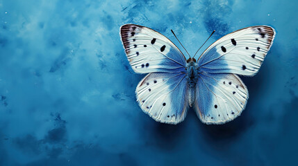 A delicate blue and white butterfly rests on a textured, icy-blue background, showcasing intricate wing patterns and soft colors.
