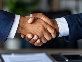 Obraz premium Two men of diverse ethnicities shake hands in a business setting.