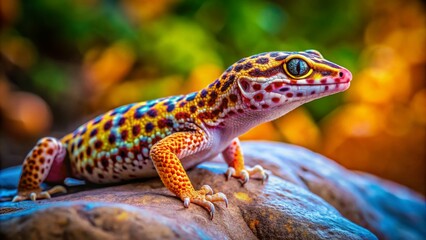Naklejka premium Colorful Leopard Gecko on a Natural Rock Surface in a Brightly Lit Environment Captured in Detail