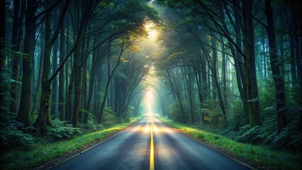 Fototapeta premium Eerie forest road at dusk photorealistic landscape with depth symmetrical
