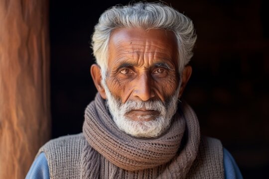 Portrait of a tender indian man in his 80s showing off a thermal merino wool top while standing against rustic wooden wall