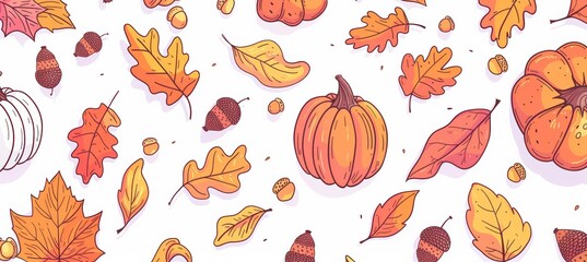Obraz premium Autumn background illustration with hand drawn leaves, acorns and pumpkins isolated on white background, cartoon style