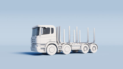 White logging truck on a light blue background. 3D Rendering.