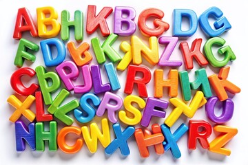 Fototapeta premium colorful lower case alphabet letters in various fonts arranged creatively on a white background