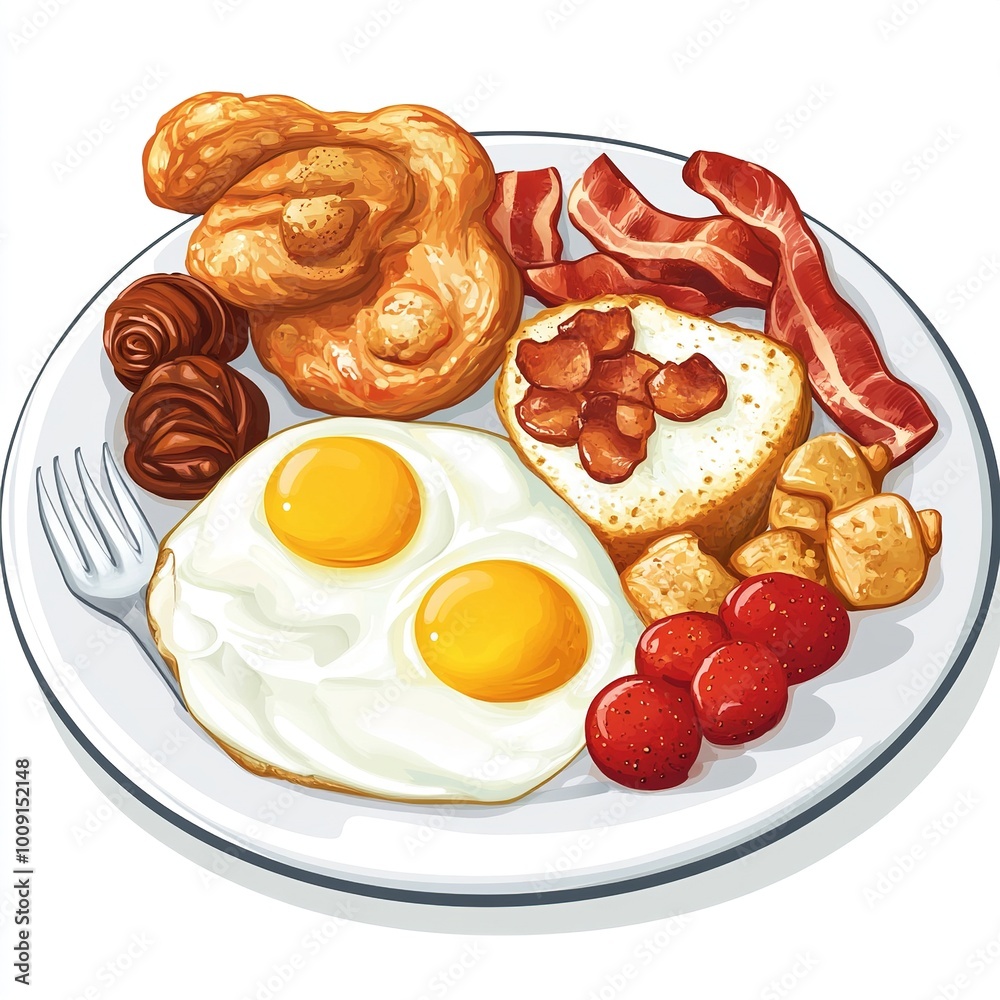 Poster A hearty breakfast plate featuring eggs, bacon, pastries, and fruits.