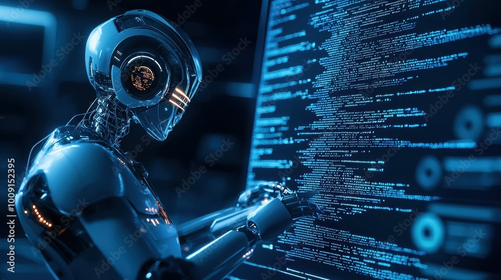 Poster a white robot examines code on a computer screen.