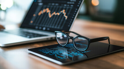 Modern workspace with laptop displaying financial graphs and tablet showing code, complemented by stylish glasses