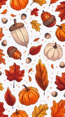 Autumn background illustration with hand drawn leaves, acorns and pumpkins isolated on white background, cartoon style