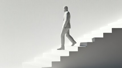Business leader walking up steps, career strategy metaphor, 3D minimalist art, isolated on white background 