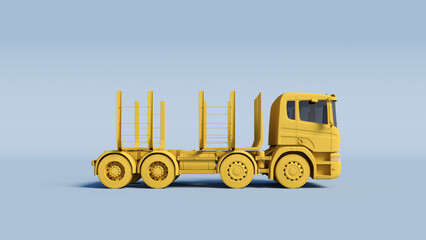 yellow logging truck on a light blue background. 3D Rendering.