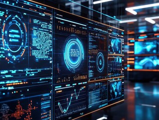A futuristic computer screen displaying data and graphs with blue and orange accents.