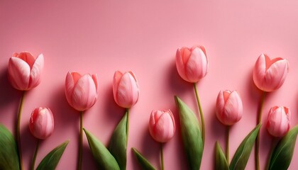 Fototapeta premium Pink background with tulips, place for text