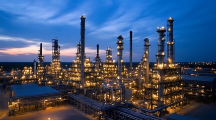 Fototapeta premium Illuminated Industrial Complex at Dusk