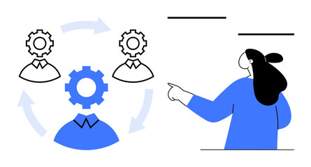 Person pointing towards diagram with three interconnected gears representing team members in a process cycle. Ideal for collaboration, project management, workflow optimization, teamwork