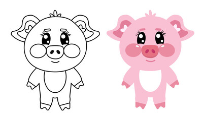 Cute outline pig full height. Coloring page illustration for kids. Pigs face animal in line drawing. For printable children's and adults coloring page or book