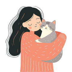 Girl hugging cat with love Flat illustration