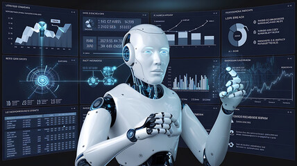A futuristic scene of a computerized business analysis system with intelligent AI robots