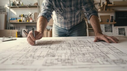 Architect analyzing detailed construction plans and blueprints on a large table with technical tools.
