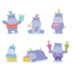 A collection of cute party hippo characters.