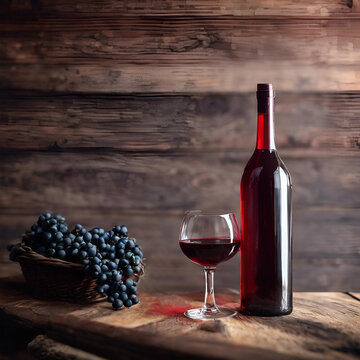 A bottle of red wine accompanied by a glass and fresh grapes on a rustic wooden table