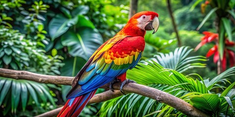 Obraz premium Colorful parrot perched on a branch surrounded by lush greenery in a tropical environment
