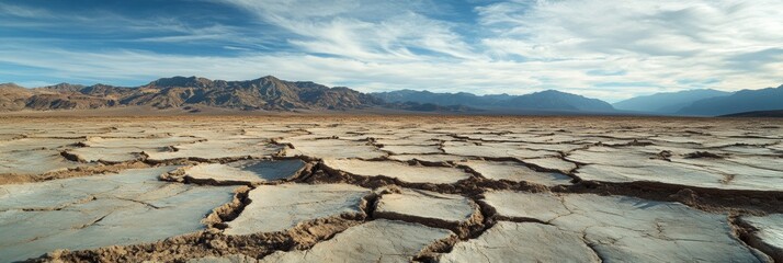 Desert Mudflat Serenity, cracked earth stretches towards softly blurred mountains under a vast sky, evoking a sense of solitude and tranquility