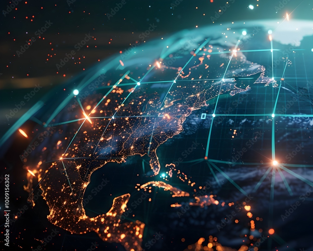 Canvas Prints interconnected earth a digital grid overlaying the global network