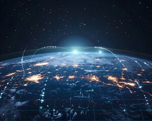 Digital Interconnectedness Planet Earth Overlaid with Glowing Technology Grid