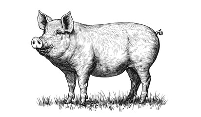 Fototapeta premium Pig, hog, boar. Vintage retro print, black white pig sketch ink pencil style drawing, linear drawing, engrave old school. Sketch artwork silhouette pig, hog, boar. Side view profile. Illustration