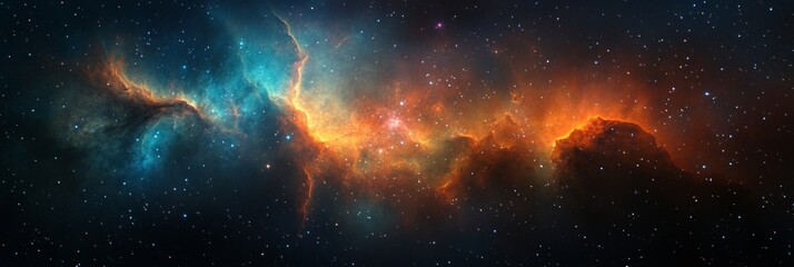 Fototapeta premium Vibrant cosmic panorama showcasing colorful stars and nebulas, sharp foreground details contrast with a softly blurred celestial background