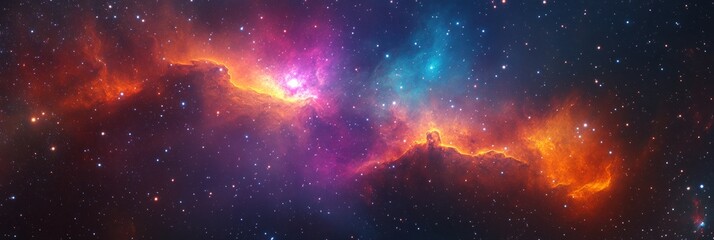 Naklejka premium Vibrant Cosmic Tapestry, an expansive deep-space vista showcasing vivid stars and swirling nebulas, intricate details contrast with soft backgrounds