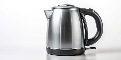 Electric kettle with metallic silver design, isolated on white background