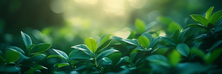 Obraz premium Lush Green Foliage Surrounded by Softly Blurred Forest, Dense Bush with Vibrant Leaves Against a Tranquil Natural Backdrop