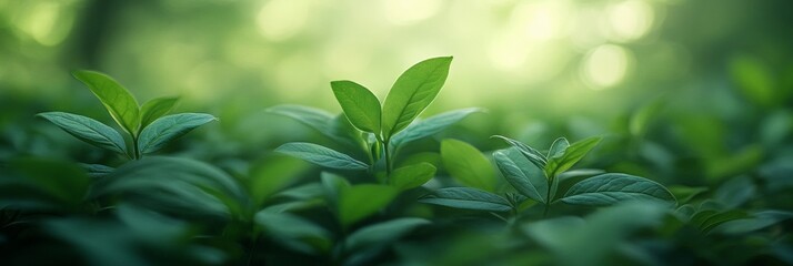 Obraz premium Lush Greenery Surrounded by a Dreamy Forest, Dense foliage with vibrant leaves, soft blur of trees in the background