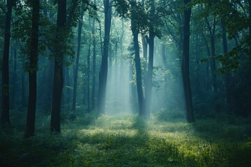 Obraz premium Serene Beauty of a Misty Forest Landscape