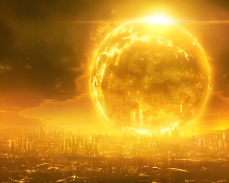 Golden Sun Planet Shimmering Futuristic Megacity Landscape and Cosmic Energy of the Brilliant Celestial Orb