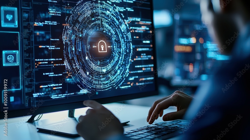 Poster a person working on a computer, focusing on a digital security interface with a lock icon.