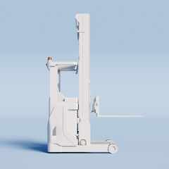 White Reach Truck on a light blue background. 3D Rendering.