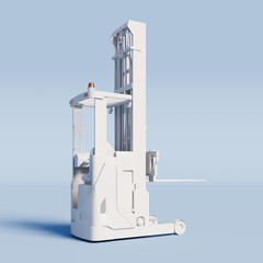 White Reach Truck on a light blue background. 3D Rendering.