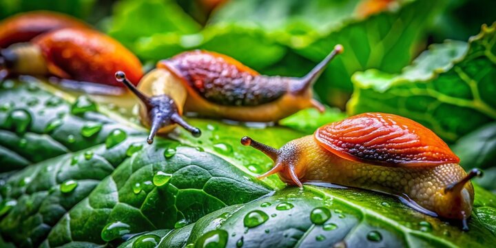 Colorful Slugs Crawling on Wet Leaves in a Lush Garden During a Rainy Day in Nature's Habitat