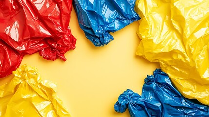 A selection of vibrant solid color Mylar bags arranged on a clean yellow backdrop, highlighting their polished surface and versatility