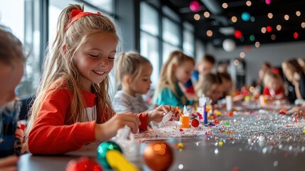 Fototapeta premium A young girl fully engaged in creating festive decorations at a long classroom table filled with colorful supplies, capturing a moment of holiday creativity.