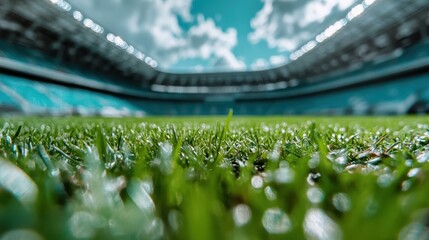 A panoramic view of a lush green field inside a vast sports stadium under a bright blue sky, capturing the excitement and energy of live sporting events.