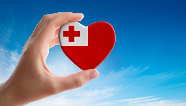 手で持っているトンガの国旗のハートと青空(Heart of Tonga flag held in hand and blue sky.)
