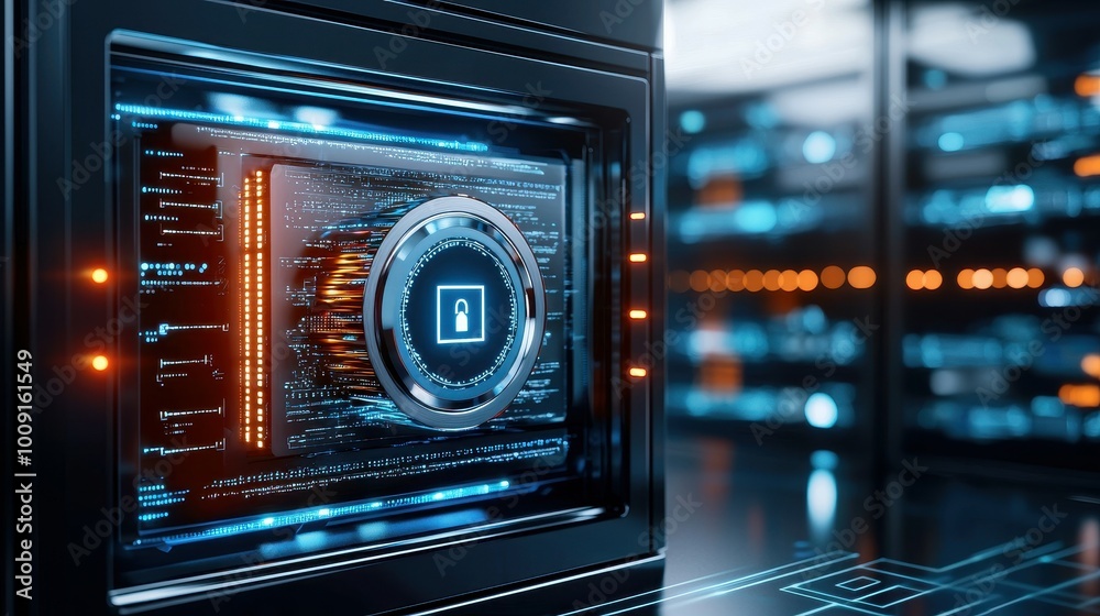Poster a close-up of a server with a glowing lock icon on the screen, signifying data security and protecti